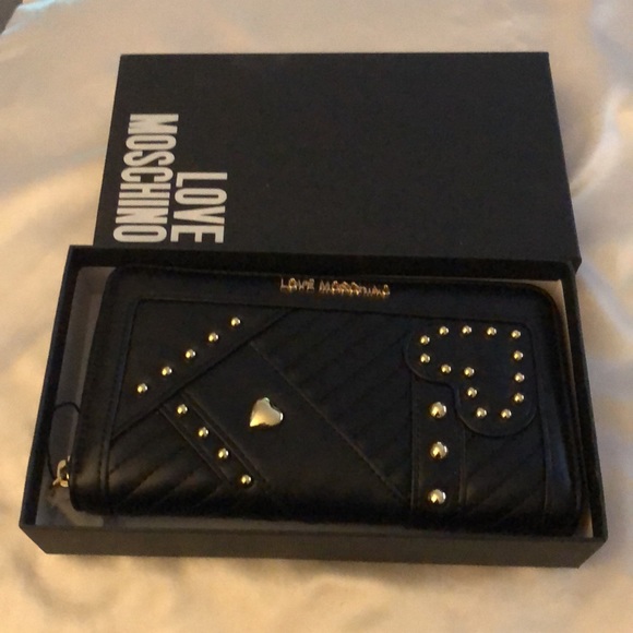 Love Moschino Portafogli Nero Black Faux Leather ZA Wallet Stud Accents NWT/Box - Picture 13 of 15